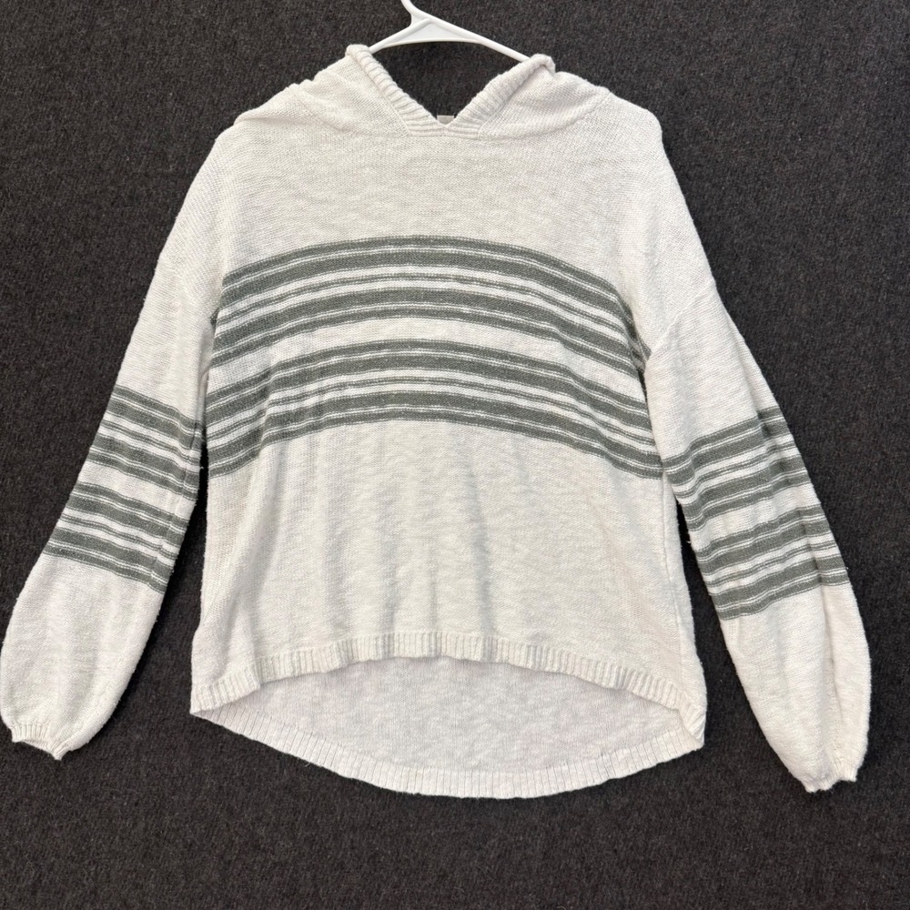 LOFT Womens XS Oversized White Green Striped Cotton Knit Hooded Sweater Pullover